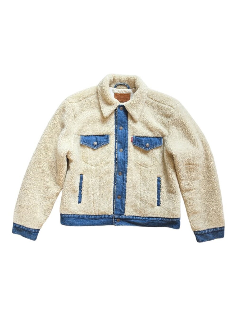 Levi’s Ex Boyfriend Trucker Jacket Pieced Cream Sherpa Blue Denim Women's M